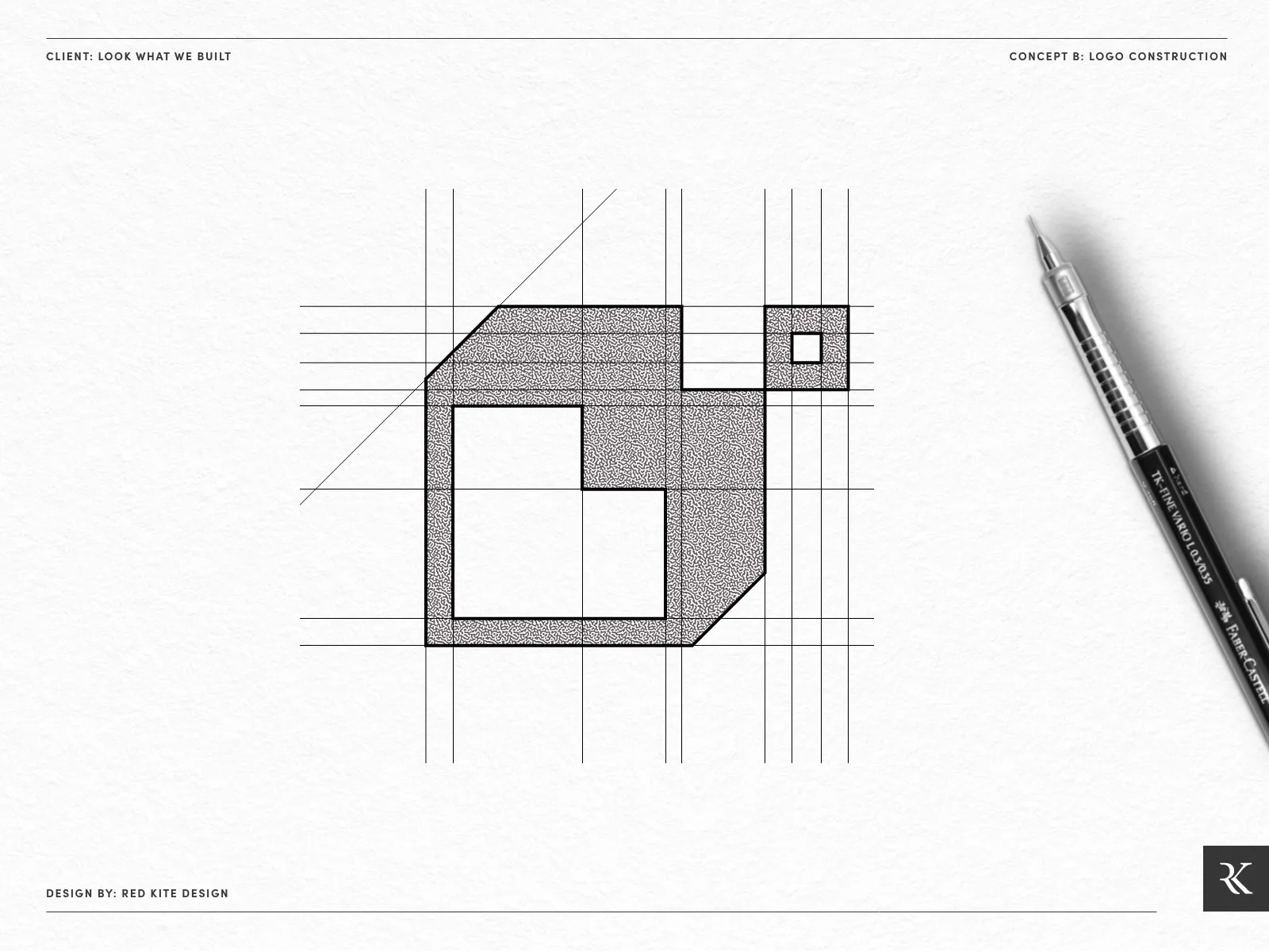 Technical drawing of a geometric logo construction with grid lines and a precision pen on the right.
